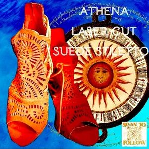 𝅺ATHENA ORANGE LASER CUT SUEDE STILETTO HEELS WITH ANKLE WRAPS